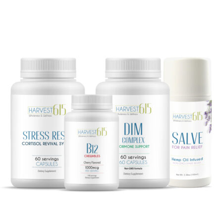 Harvest 615 5 Star Supplement Bundle featuring four products: Stress Reset capsules, B12 Chewables, DIM Complex for hormone support, and Hemp Oil-Infused Salve for pain relief.